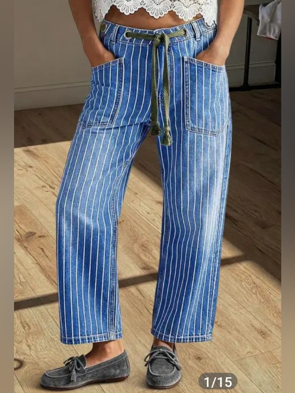 Flamingals Pinstripe Drawstring High Waisted Straight Leg Crop Jeans NWT medium